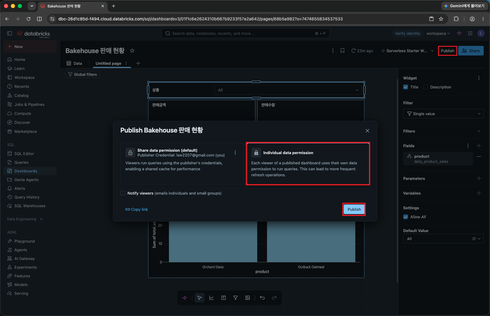 대시보드 Publish 창에서 Individual data permission과 Publish 버튼을 표시한 화면